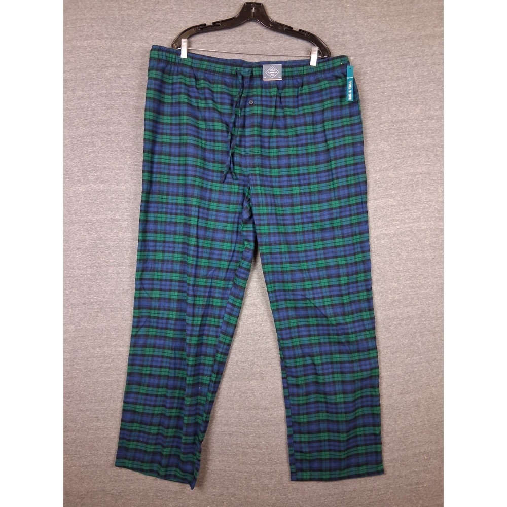 NEW St Johns Bay Mens Pajama Pants 2XLT Blue Green Tartan Plaid Flannel Cabin